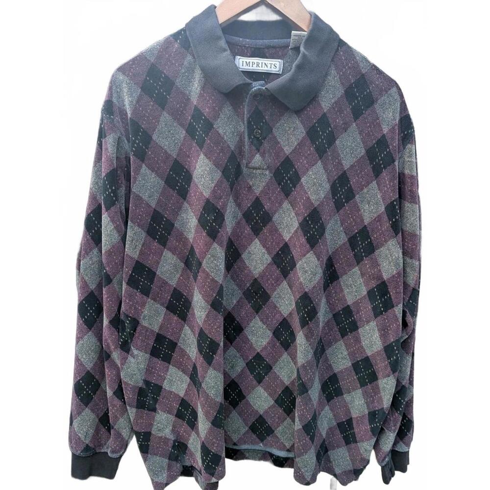 Imprints Men's Size L VTG Y2K Purple Gray Argyle Print Polo Pullover Sweatshirt